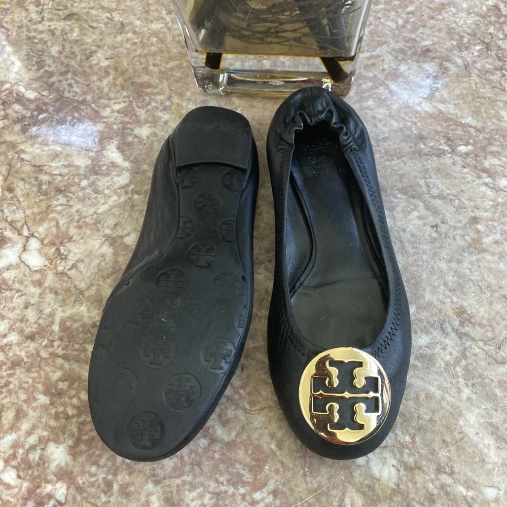 Tory Burch Minnie Travel‎ Black Leather Ballet Flat Size 6.5 M EUC, $228